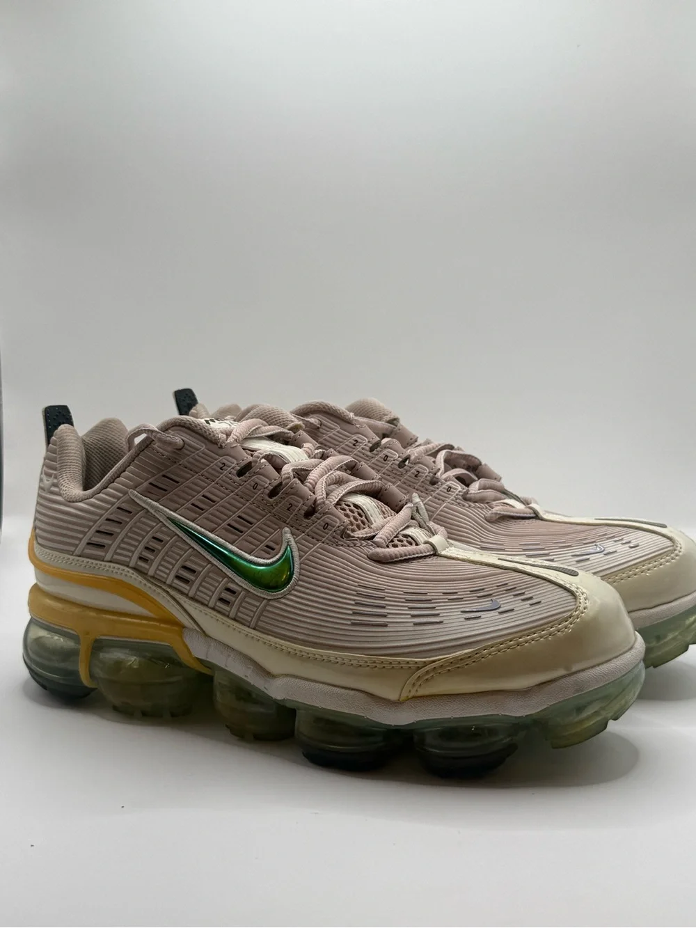 Nike Beige Pink VaporMax-Style Sneakers with Green Swoosh